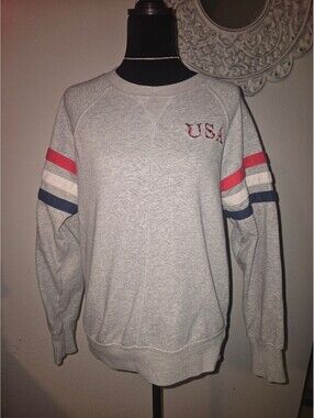 Maurices USA Embroidered Grey Sweatshirt with Red, White, and Blue Stripes - S